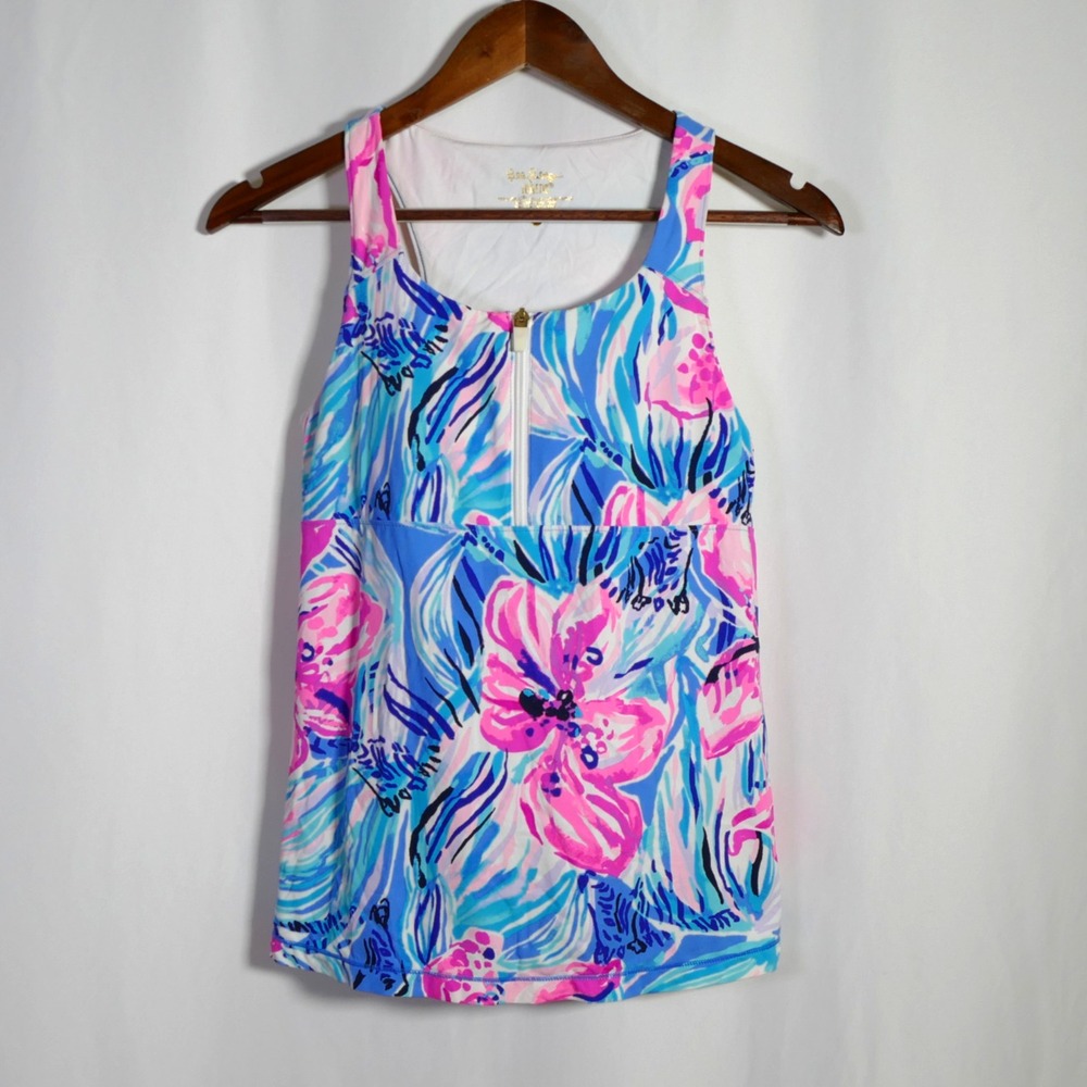Lilly Pulitzer Womens Floral Luxletic Athletic Tank Top Size XS Zip Built In Bra